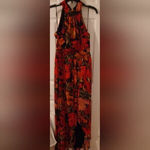 SLNY Vibrant Red and Black Floral Maxi Dress
